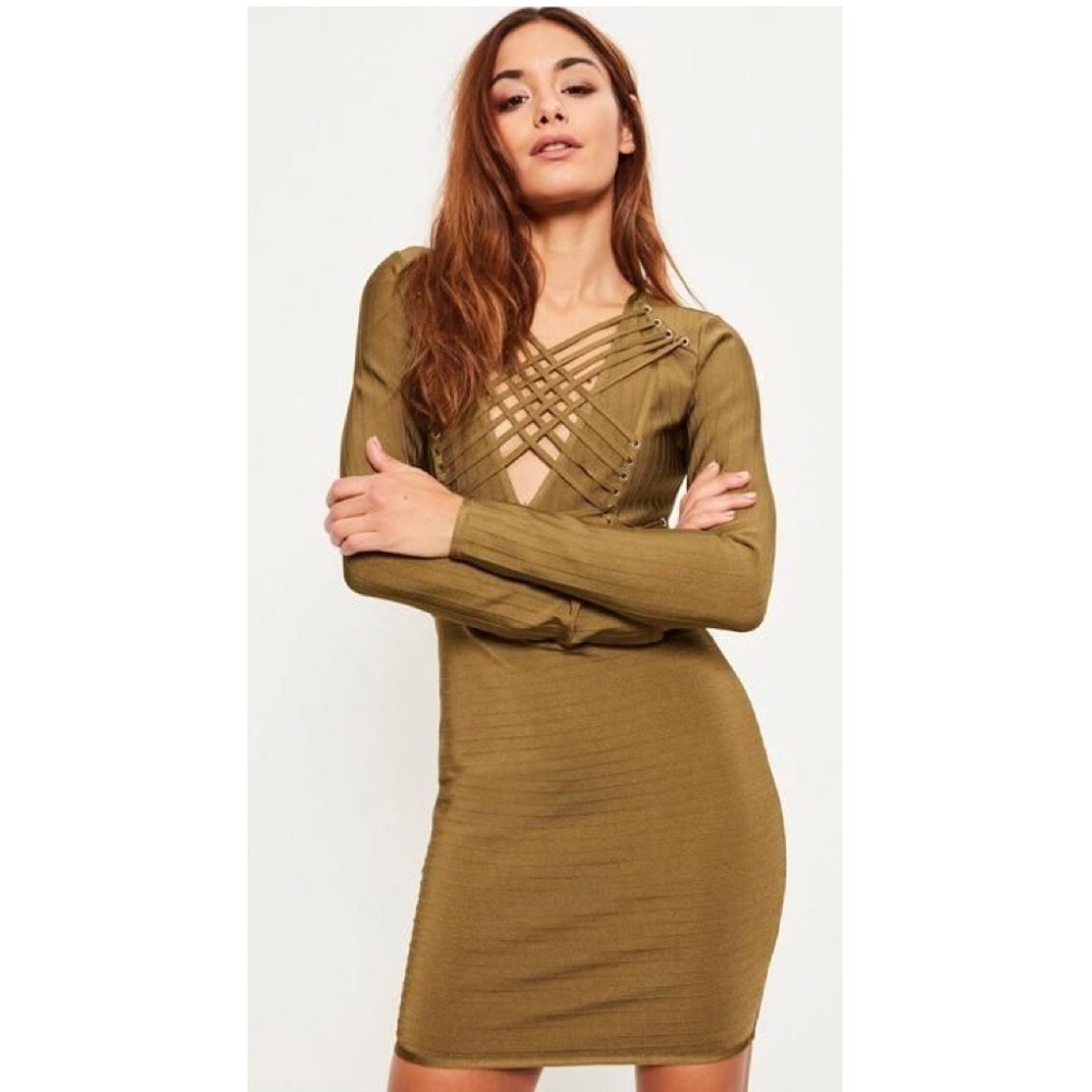 Missguided green long sleeve strappy bodycon dress